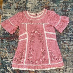 Free People Red Gingham Dress with Floral Embroidery